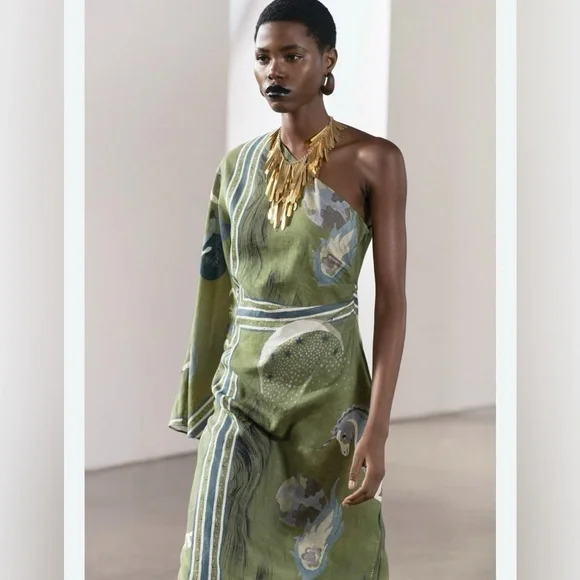 Zara Asymmetrical Olive green dress COLLECTION PRINTED bloggers collection  - threedaughtersproperties.com